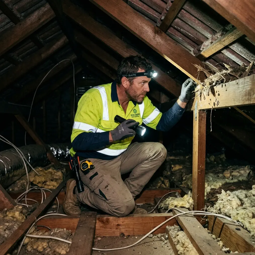Technician inspecting a roof cavity for a dead animal in Saint Helena