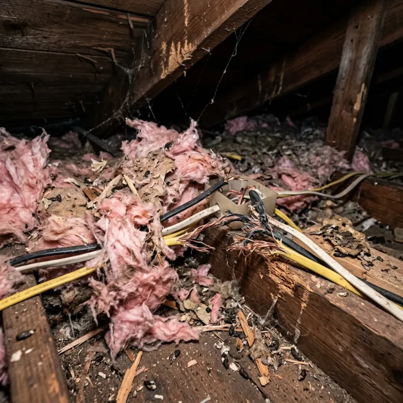Contaminated ceiling insulation being assessed in a Saint Helena roof space