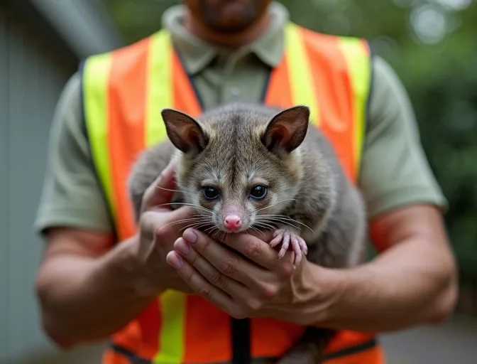 Animal handler safely recovering a deceased possum in Saint Helena