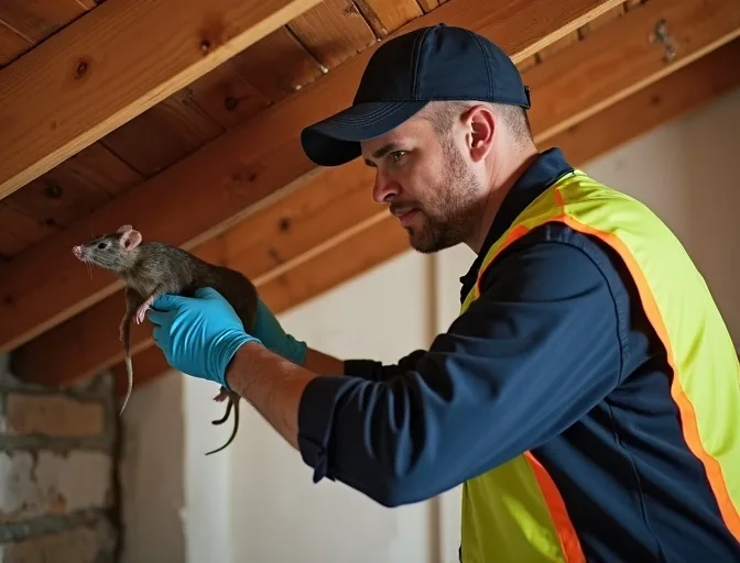 Technician inspecting a roof cavity for a dead rat in Saint Helena